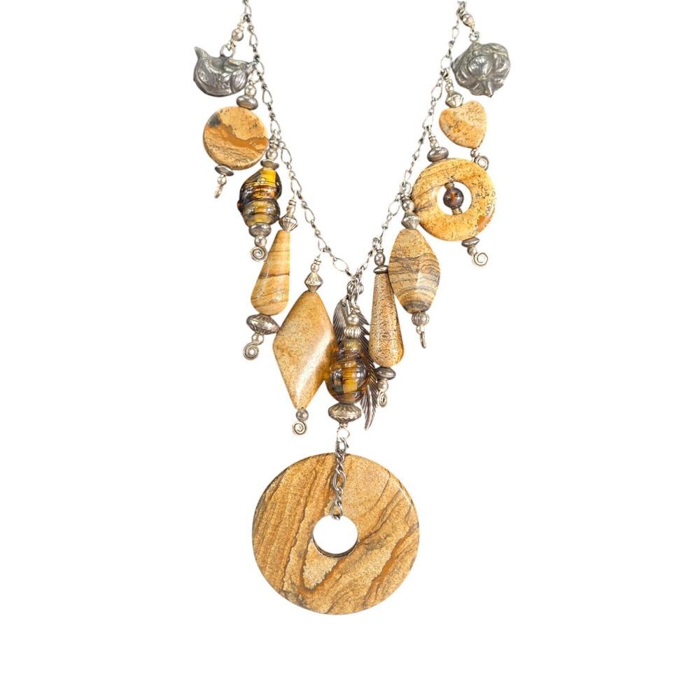 Sterling 925 Flower Fish Fetish Charm Jasper Necklace Silver Dangle 32"